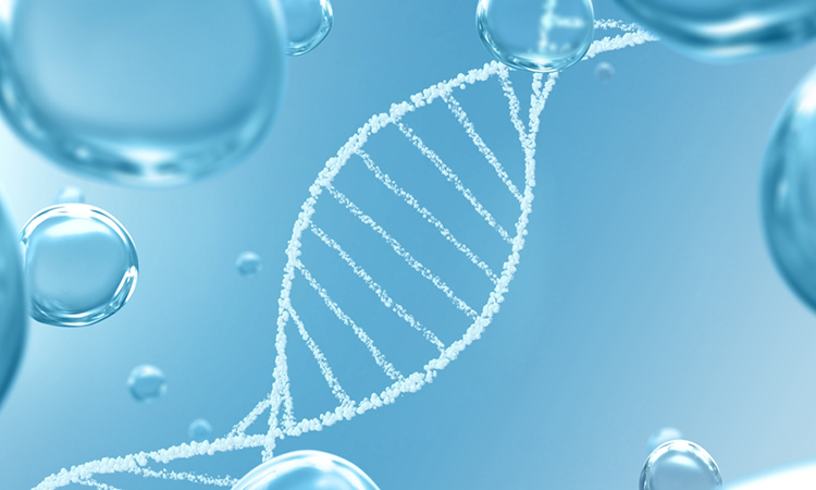 DNA strand on blue background with droplets