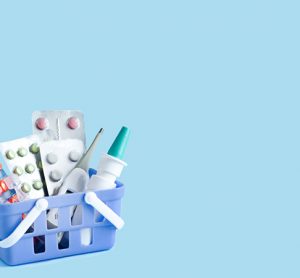 delivery of drugs, drugs in basket on blue background