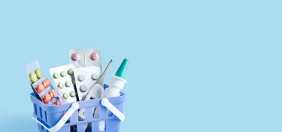 delivery of drugs, drugs in basket on blue background