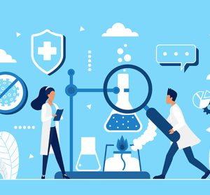 Coronavirus vaccine development in science laboratory concept vector illustration. Cartoon tiny scientist people develop and test new corona virus covid19 vaccine, holding medical equipment background