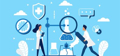 Coronavirus vaccine development in science laboratory concept vector illustration. Cartoon tiny scientist people develop and test new corona virus covid19 vaccine, holding medical equipment background