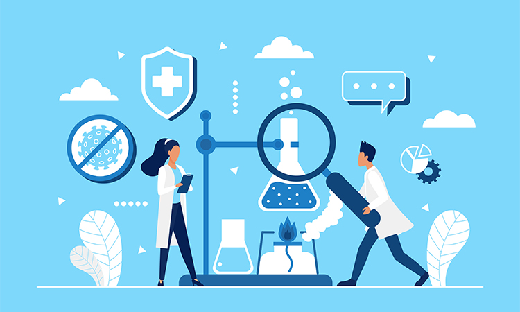 Coronavirus vaccine development in science laboratory concept vector illustration. Cartoon tiny scientist people develop and test new corona virus covid19 vaccine, holding medical equipment background