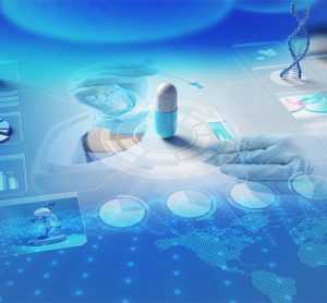 Holograms of capsule; charts and DNA helix on scientific backdrop. 3D illustration. Concept about pharmaceutical research and development; biochemical industry.