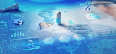 Holograms of capsule; charts and DNA helix on scientific backdrop. 3D illustration. Concept about pharmaceutical research and development; biochemical industry.