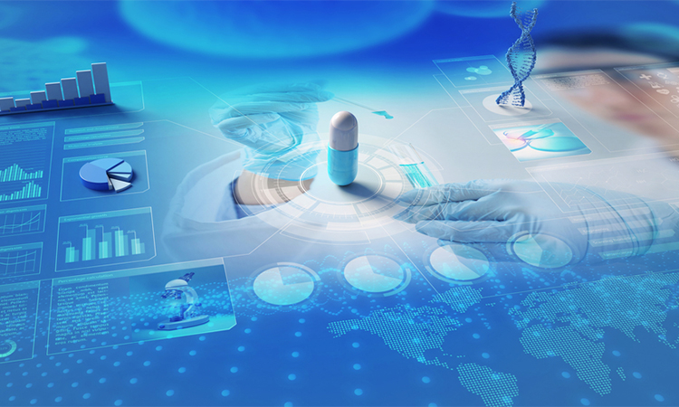 Holograms of capsule; charts and DNA helix on scientific backdrop. 3D illustration. Concept about pharmaceutical research and development; biochemical industry.