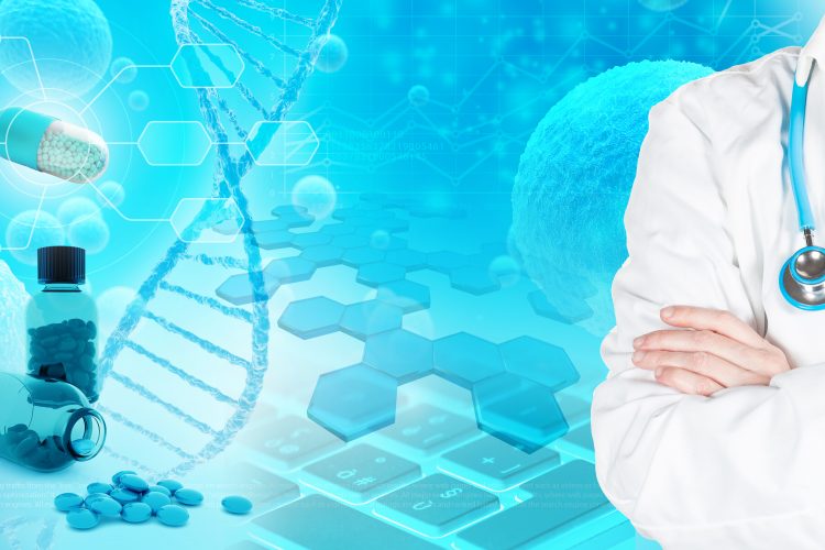 tablets, capsules and a laboratory scientist in a white coat on a swirling blue background