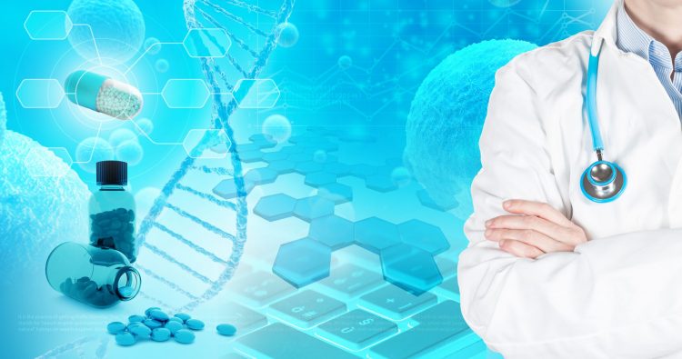 tablets, capsules and a laboratory scientist in a white coat on a swirling blue background
