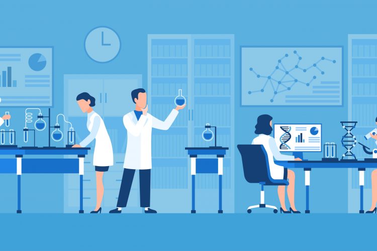 cartoon of scientists in a lab looking at the genome and conducting experiments