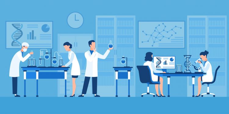 cartoon of scientists in a lab looking at the genome and conducting experiments