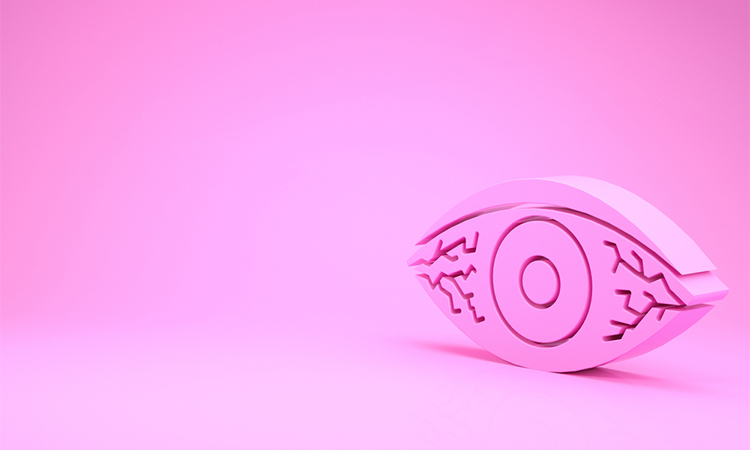Pink Reddish eye due to viral, bacterial or allergic conjunctivitis icon isolated on pink background. Minimalism concept. 3d illustration 3D render