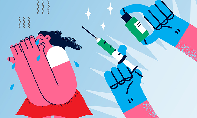 Small crying girl child feel scared of injection in hospital. Nurse or doctor hands with syringe, little kid afraid of vaccination. Healthcare and medicine concept. Flat vector illustration.
