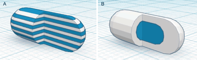 Figure 2: 3D representations of heterogeneous printed solid dosage forms: (A) sectioned multilayer device and (B) sectioned DuoCaplet (caplet in caplet)