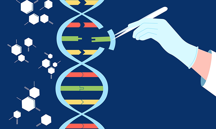 Cartoon of a gloved hand gene editor