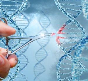 Hand inserts a molecule into DNA, gene editing concept design.