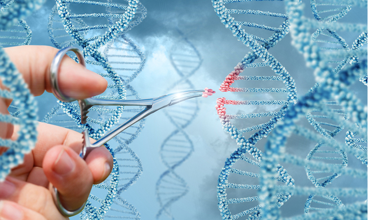 Hand inserts a molecule into DNA, gene editing concept design.