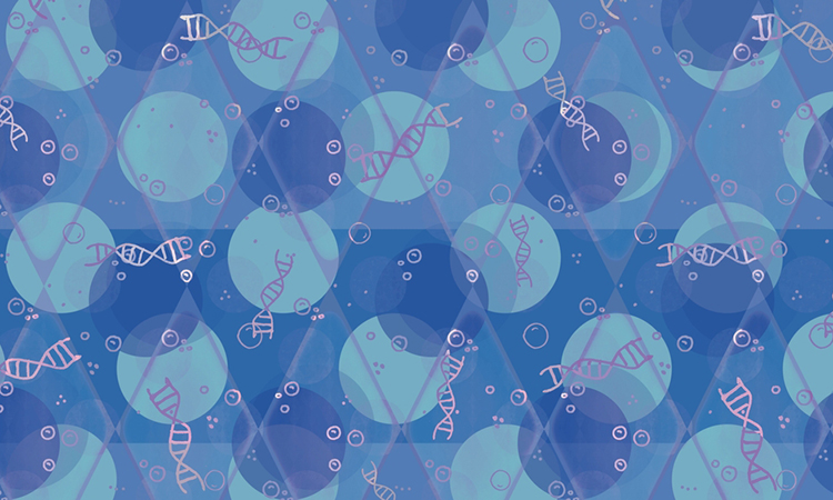 Heredity and genetics with coils of DNA in a medical biological illustration