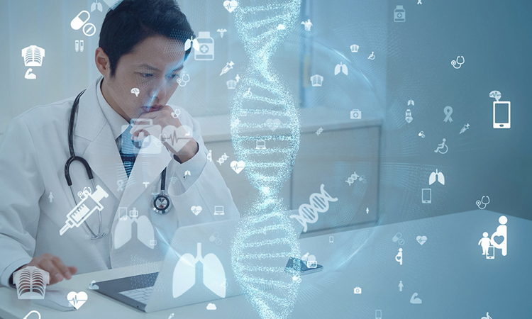 Gene therapy concept. Scientist working in a lab with gene symbols as an overlay for the photo