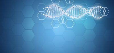 gene DNA. Background with hexagon and information board. Blue background