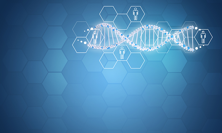 gene DNA. Background with hexagon and information board. Blue background