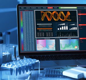 DNA sequencing analysis software on a laptop from the genetic engineering Lab. computer with genetic sequencing software screen on Genetic Research Laboratory Workbench