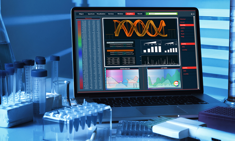 DNA sequencing analysis software on a laptop from the genetic engineering Lab. computer with genetic sequencing software screen on Genetic Research Laboratory Workbench