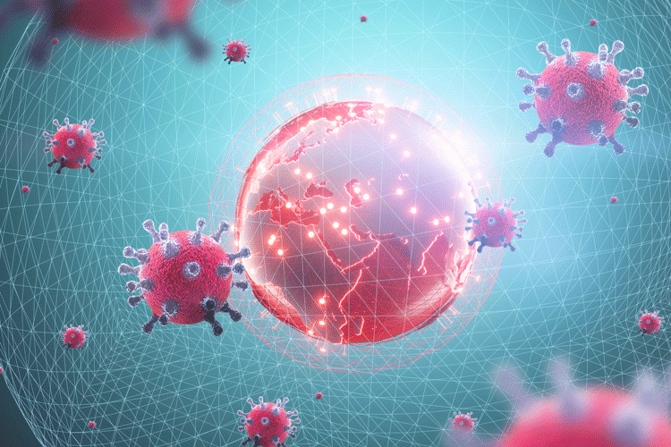 Red coronavirs particles attacking a globe