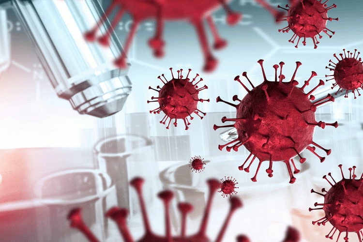 Red coronavirus particles surrounding a grey microscope