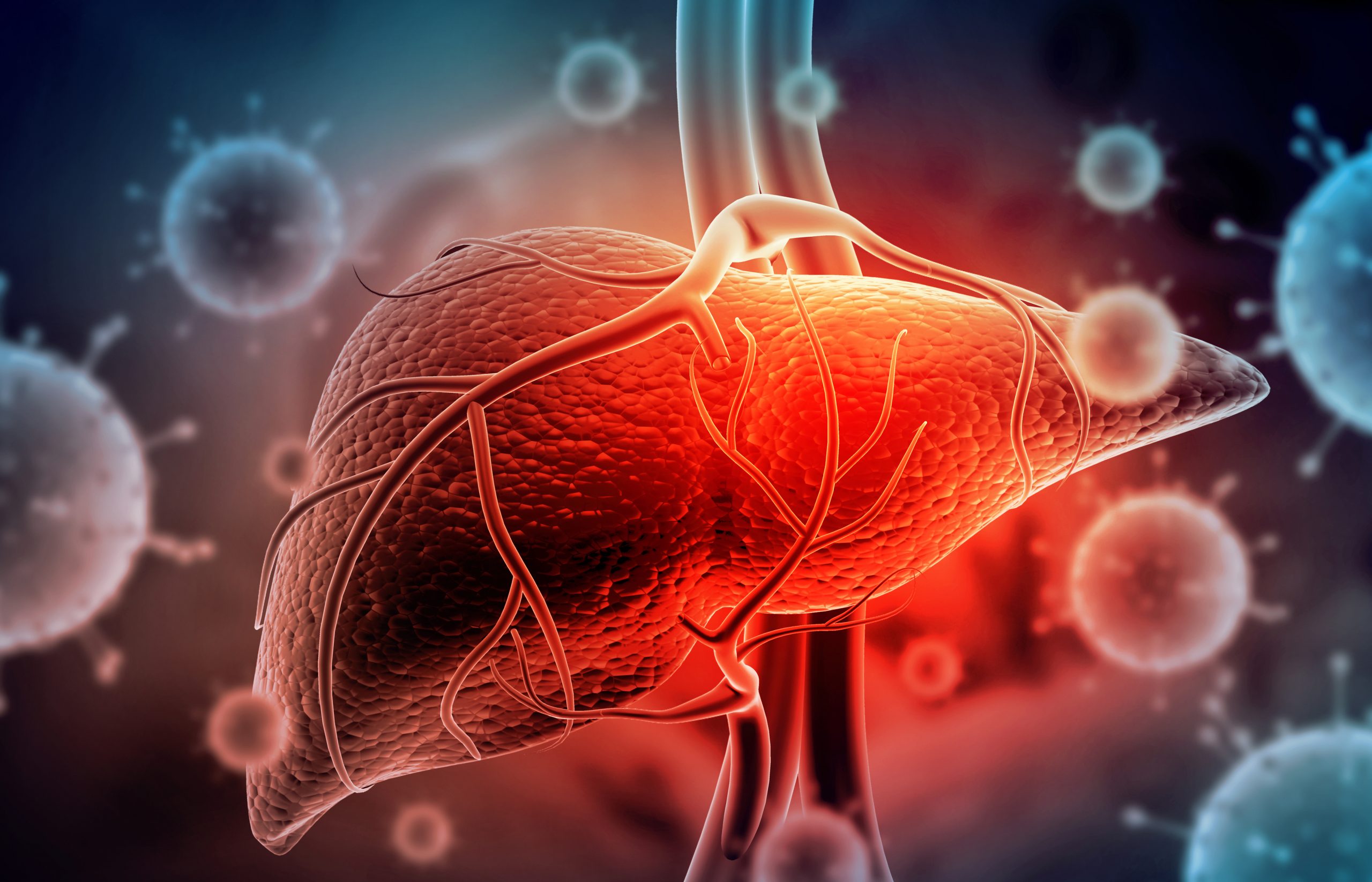 Glowing red liver surrounded by grey viral particles