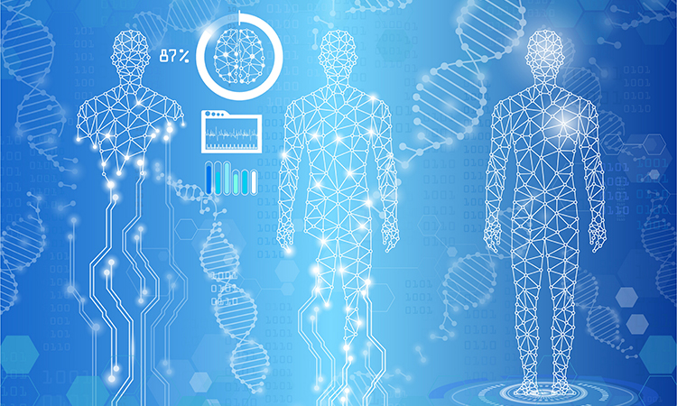 abstract background technology concept in blue light,human body heal,technology modern medical science in future and global international medical with tests analysis clone DNA human