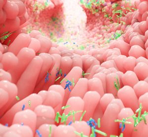 3D rendering of pink villi with blue and green microbes - idea of microbiome of the human intestines