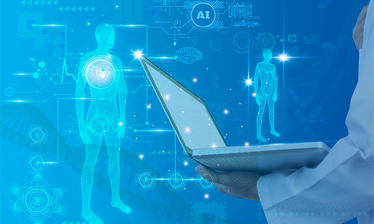 Futuristic medical and Science for people,doctor using computer laptop analysis anatomy Wireframe human body,3D model illustration,virtual scan body,Artificial intelligence or AI for deep learning