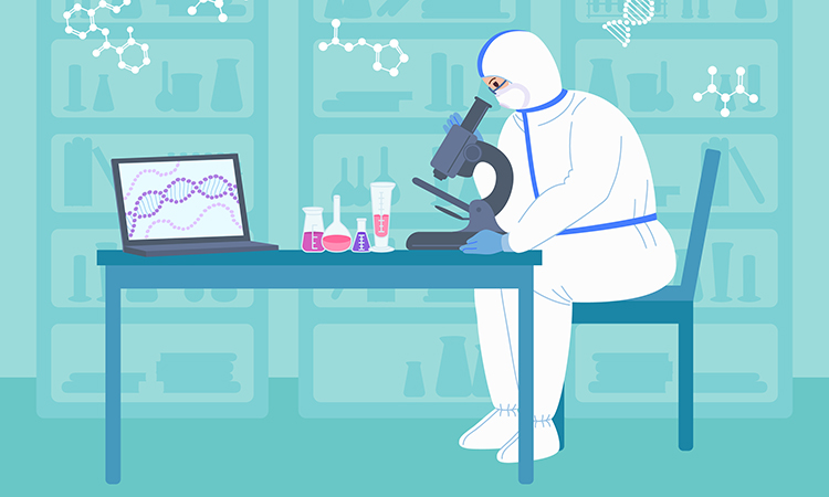 scientist works microscope in protective suits. Chemical lab research flat cartoon character. Discovery vaccine coronavirus. Scientist flasks, microscope, computer working antiviral development