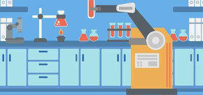 Robot conducting experiments in a laboratory. Robot working in a laboratory with a test tube. Robot manipulating with test tube in a laboratory. Vector flat design illustration. Horizontal layout.