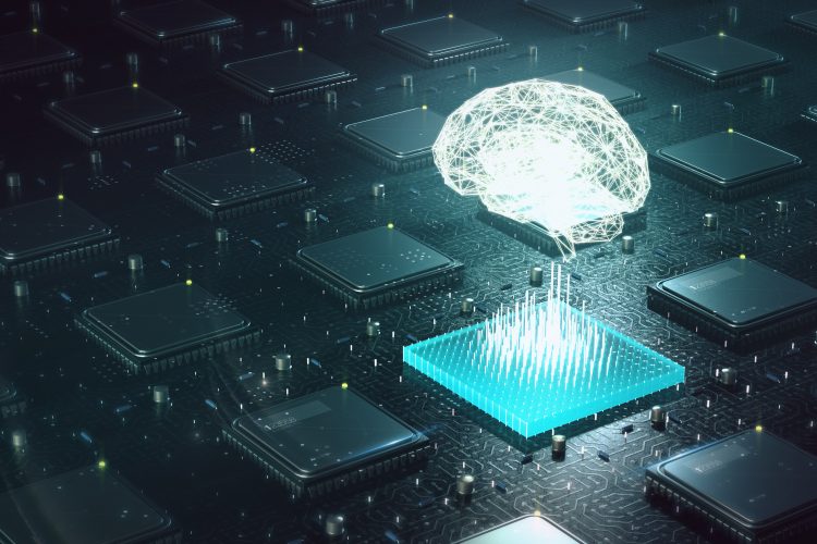 luminous brain hovering above computer motherboard