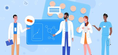 Doctor researcher team vector illustration. Cartoon flat scientist doctor characters work at researching training center, medical pharmacists study, analyze data. Modern medicine technology background