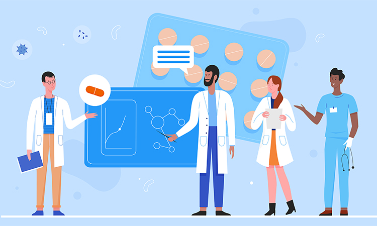 Doctor researcher team vector illustration. Cartoon flat scientist doctor characters work at researching training center, medical pharmacists study, analyze data. Modern medicine technology background