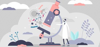 Microscopy vector illustration. Organisms closeup scene in flat tiny persons concept. Biological study about zoomed magnification used for medical knowledge improvement. Laboratory research equipment
