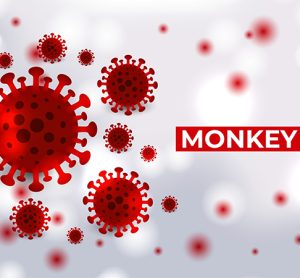 Monkeypox virus cells outbreak medical banner. Monkeypox virus cells on white sciense background. Monkey pox microbiological vector background.