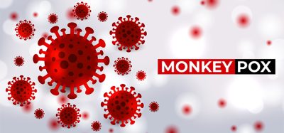 Monkeypox virus cells outbreak medical banner. Monkeypox virus cells on white sciense background. Monkey pox microbiological vector background.