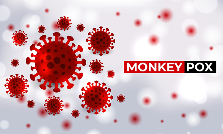 Monkeypox virus cells outbreak medical banner. Monkeypox virus cells on white sciense background. Monkey pox microbiological vector background.