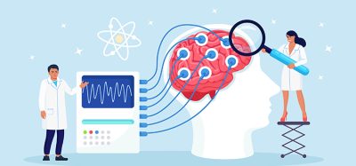 Doctor neurologist, neuroscientist, physician study brain connected to display with EEG indication. Neurology, neuroscience, electroencephalography concept. Vector illustration