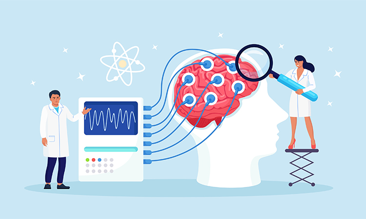 Doctor neurologist, neuroscientist, physician study brain connected to display with EEG indication. Neurology, neuroscience, electroencephalography concept. Vector illustration