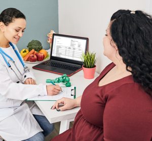 Obesity, unhealthy weight. Nutritionist calculating body mass index of fat woman for obesity treatment