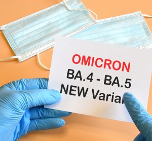 Covid-19 new variants of Omicron. Doctor's hand in blue glove and writing "Omicron BA.4-BA.5 Variant" on white sheet. Concept for the new Covid 19 Omicron variants
