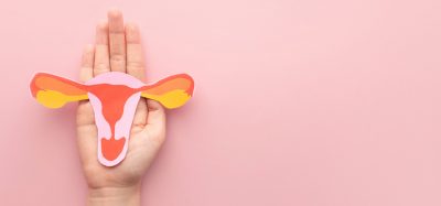 Hand holding uterus shape made from paper on pink background.