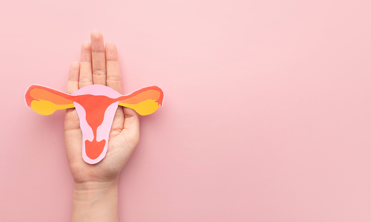 Hand holding uterus shape made from paper on pink background.