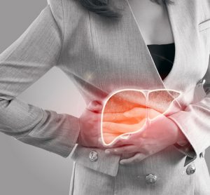 Illustration of pancreas on woman's body against gray background, Hepatitis, Concept with Healthcare And Medicine