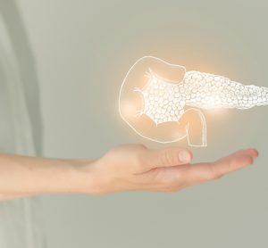 Patient in white clothes, highlighted hand-drawn pancreas.