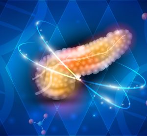 cartoon of a pancreas surrounded by various small molecules on a blue abstract background - idea of pancreatic cancer therapies