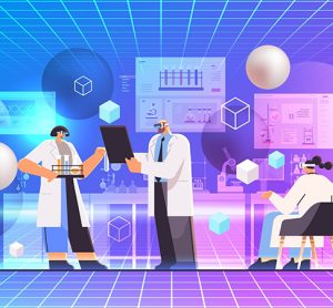 cartoon scientist team in working with test tubes researchers making chemical experiments in lab